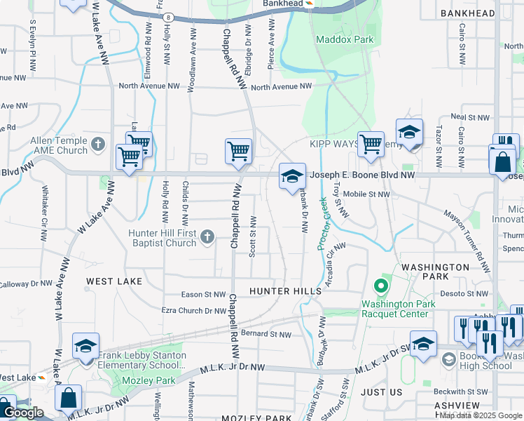 map of restaurants, bars, coffee shops, grocery stores, and more near 257 Scott Street Northwest in Atlanta