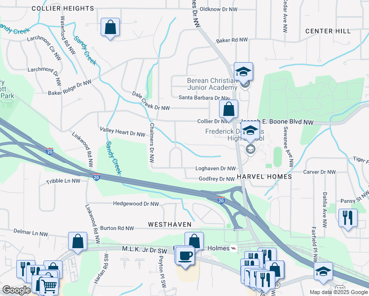 map of restaurants, bars, coffee shops, grocery stores, and more near 245 East Simon Terrace Northwest in Atlanta