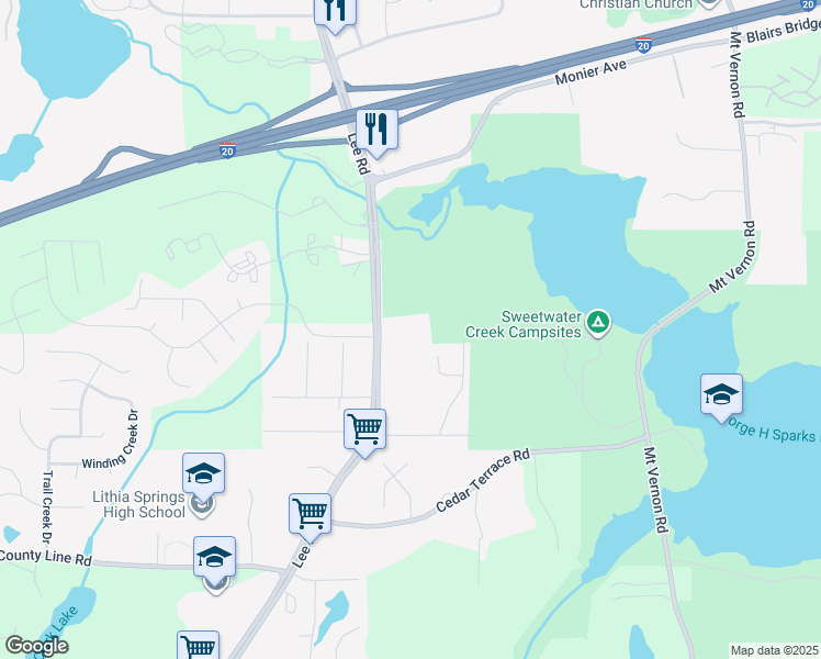 map of restaurants, bars, coffee shops, grocery stores, and more near 1600 Lee Road in Lithia Springs