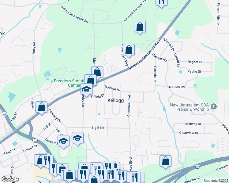 map of restaurants, bars, coffee shops, grocery stores, and more near 1616 West Kellogg Circle in Douglasville