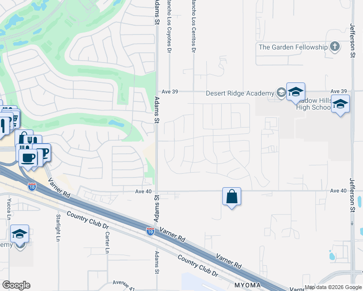 map of restaurants, bars, coffee shops, grocery stores, and more near 39559 Olite Court in Indio
