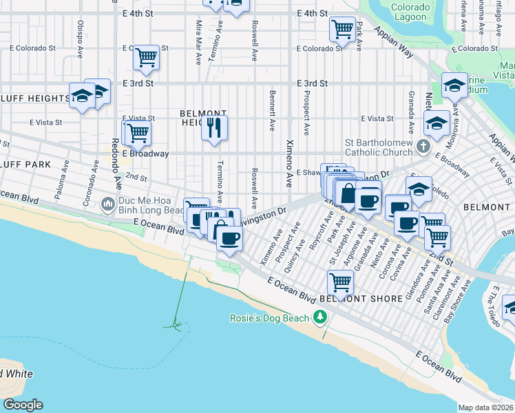 map of restaurants, bars, coffee shops, grocery stores, and more near 138 Roswell Avenue in Long Beach