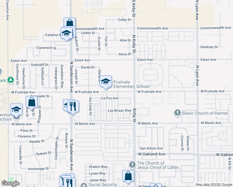 map of restaurants, bars, coffee shops, grocery stores, and more near 2715 West Fruitvale Avenue in Hemet