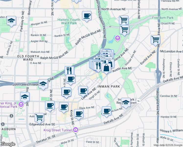map of restaurants, bars, coffee shops, grocery stores, and more near 803 Corduroy Lane in Atlanta