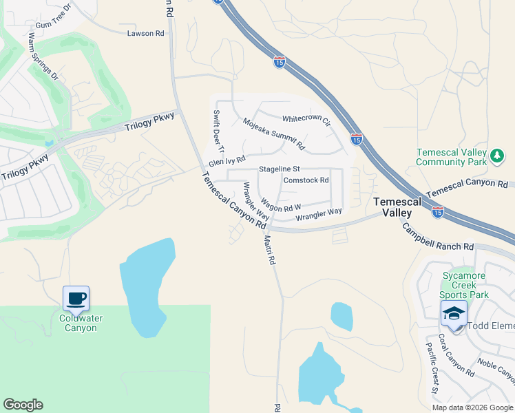 map of restaurants, bars, coffee shops, grocery stores, and more near 10126 Wrangler Way in Corona