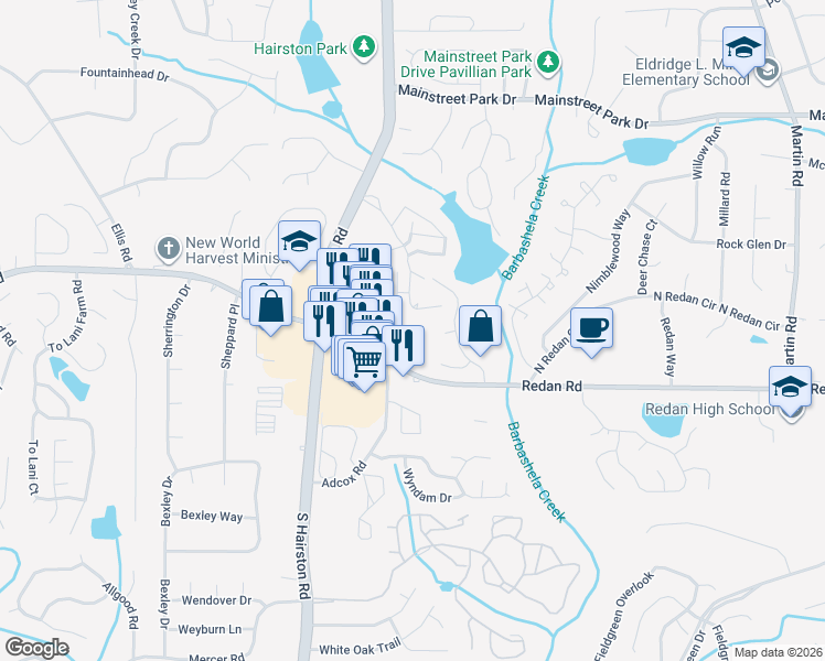 map of restaurants, bars, coffee shops, grocery stores, and more near 1800-2299 Lake Point Drive in Stone Mountain