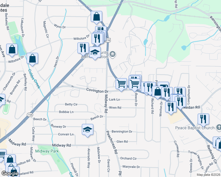 map of restaurants, bars, coffee shops, grocery stores, and more near 3310 Sangster Way in Decatur