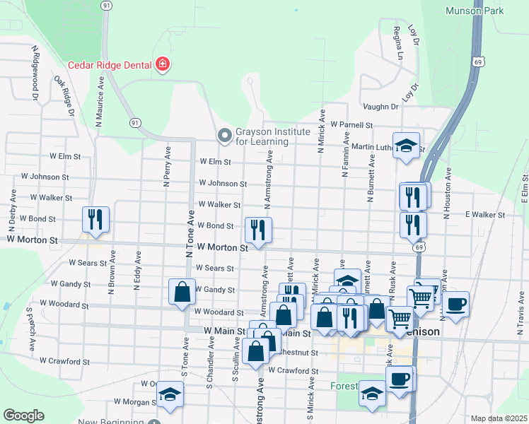 map of restaurants, bars, coffee shops, grocery stores, and more near 800 West Walker Street in Denison