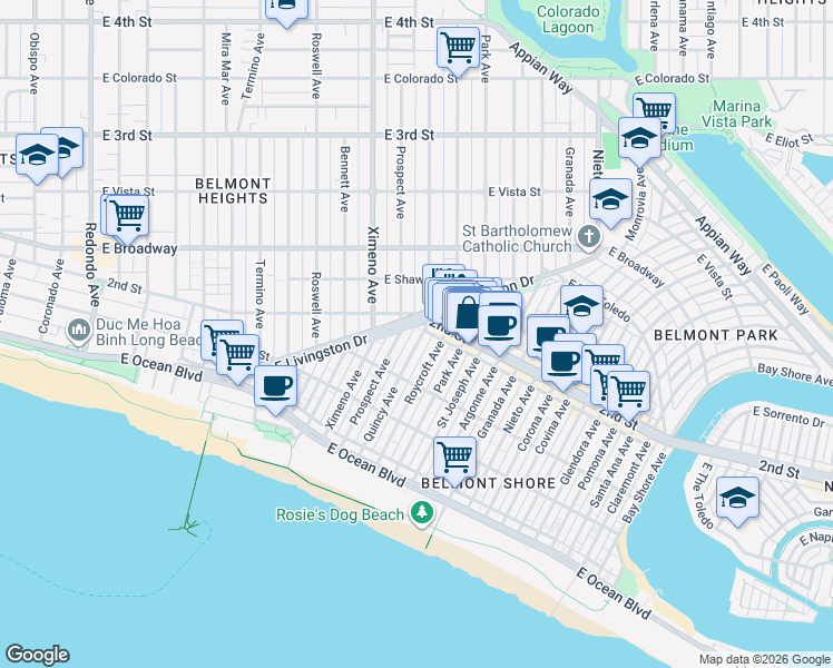 map of restaurants, bars, coffee shops, grocery stores, and more near 185 Quincy Avenue in Long Beach