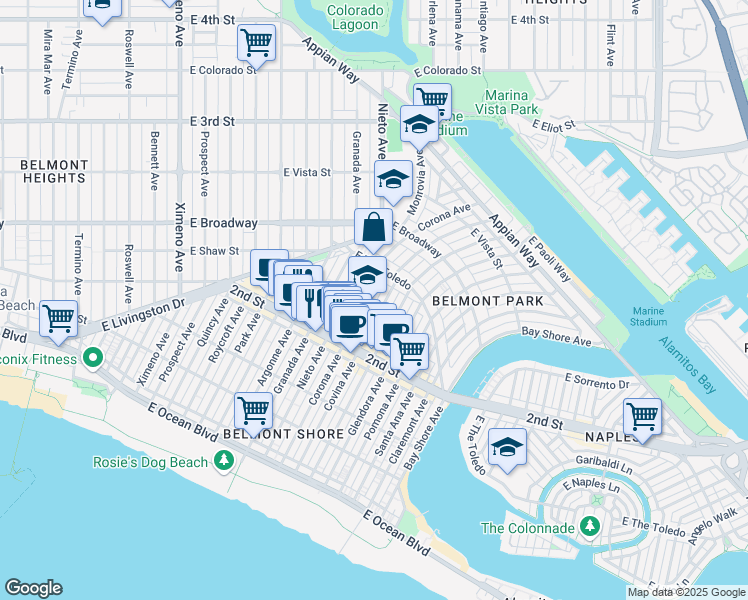 map of restaurants, bars, coffee shops, grocery stores, and more near 236 Corona Avenue in Long Beach