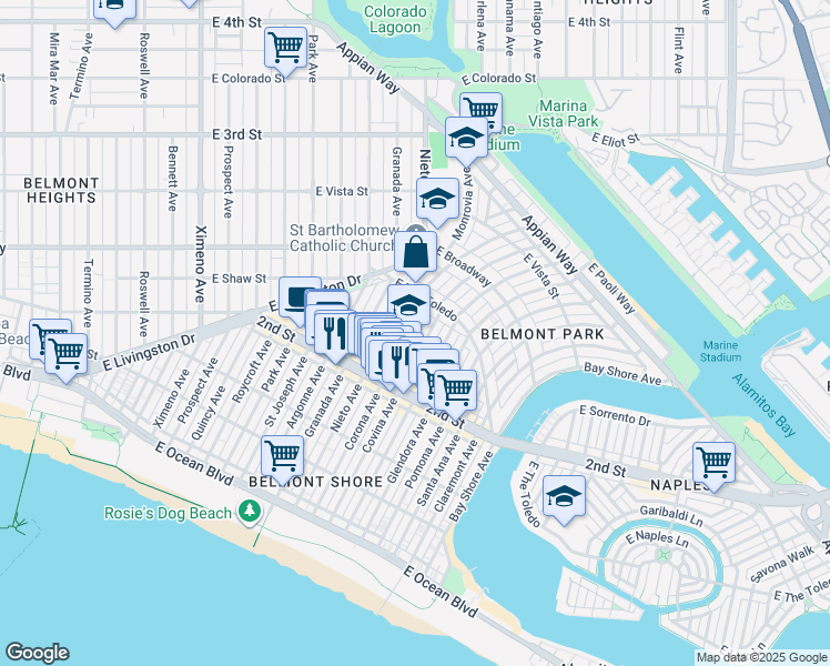 map of restaurants, bars, coffee shops, grocery stores, and more near 236 Corona Avenue in Long Beach