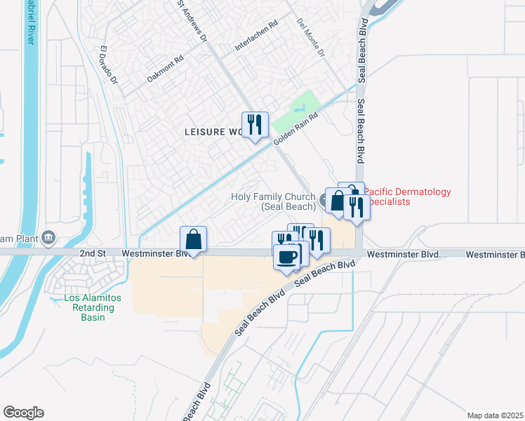 map of restaurants, bars, coffee shops, grocery stores, and more near 1641 Monterey Road in Seal Beach