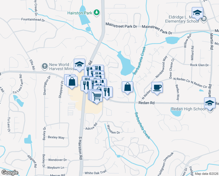map of restaurants, bars, coffee shops, grocery stores, and more near 1800-2299 Lake Point Drive in Stone Mountain