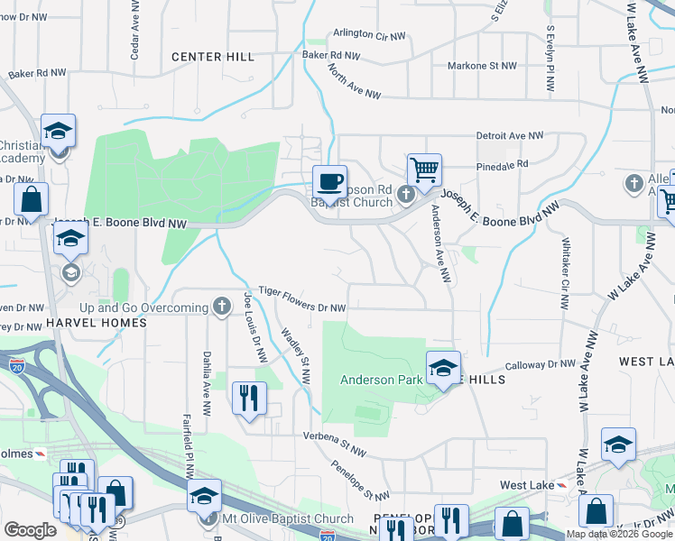 map of restaurants, bars, coffee shops, grocery stores, and more near 2087 Morehouse Drive Northwest in Atlanta
