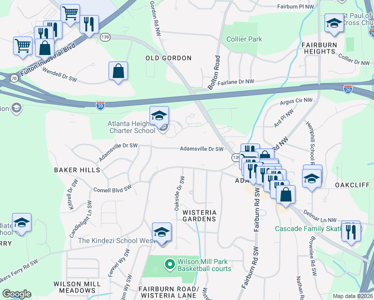 map of restaurants, bars, coffee shops, grocery stores, and more near 3783 Adamsville Drive Southwest in Atlanta