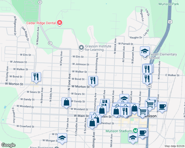 map of restaurants, bars, coffee shops, grocery stores, and more near 800 West Walker Street in Denison