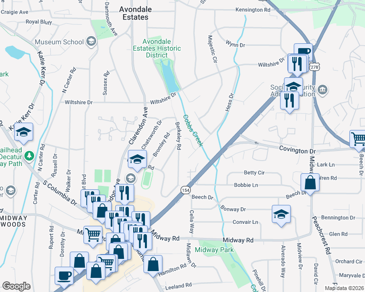 map of restaurants, bars, coffee shops, grocery stores, and more near 1130 Berkeley Road in Avondale Estates