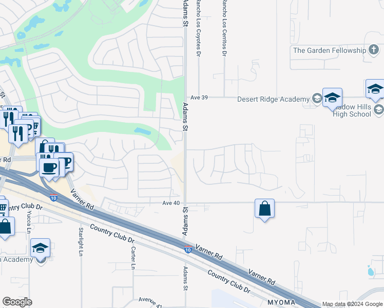 map of restaurants, bars, coffee shops, grocery stores, and more near 39561 Picasso Court in Indio