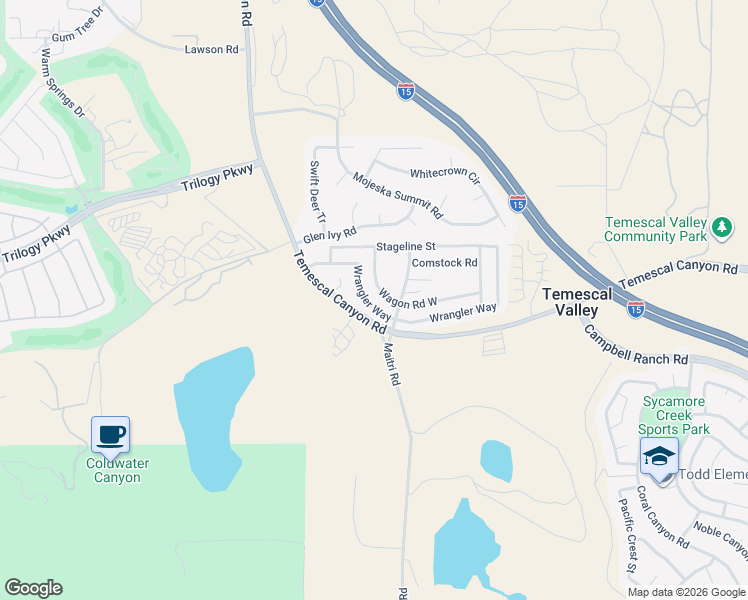 map of restaurants, bars, coffee shops, grocery stores, and more near 10126 Wrangler Way in Corona