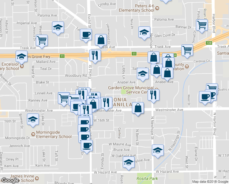 map of restaurants, bars, coffee shops, grocery stores, and more near 11182 Cynthia Avenue in Garden Grove