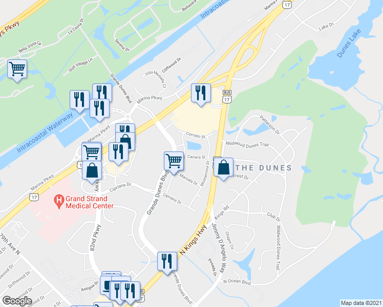 map of restaurants, bars, coffee shops, grocery stores, and more near 968 Carrera Street in Myrtle Beach