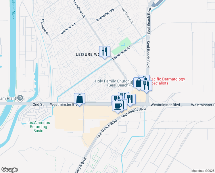 map of restaurants, bars, coffee shops, grocery stores, and more near 1641 Monterey Road in Seal Beach