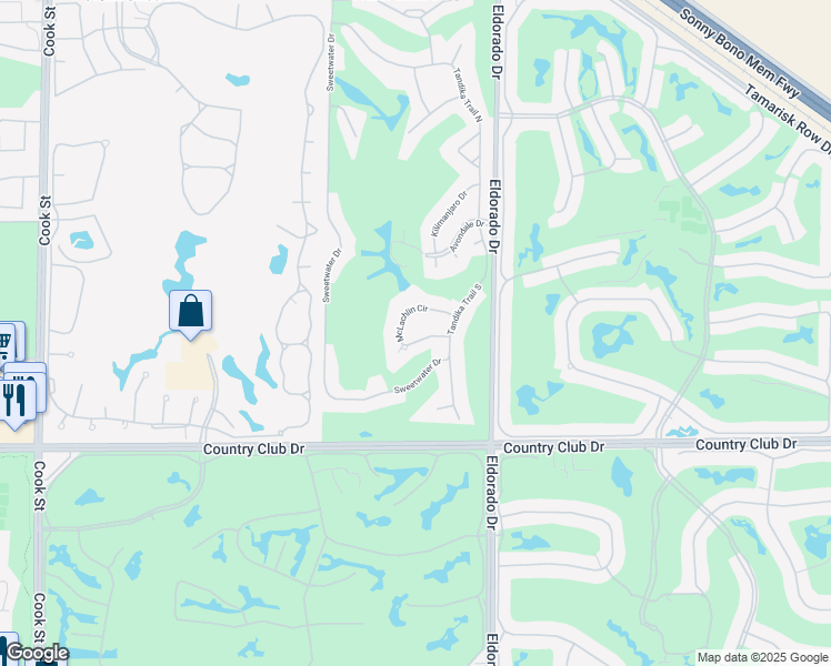 map of restaurants, bars, coffee shops, grocery stores, and more near 75651 McLachlin Circle in Palm Desert