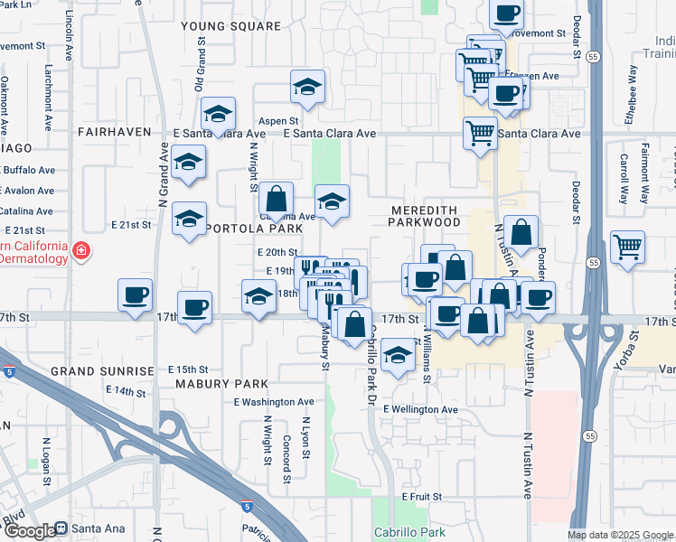 map of restaurants, bars, coffee shops, grocery stores, and more near 1920 Sherry Lane in Santa Ana