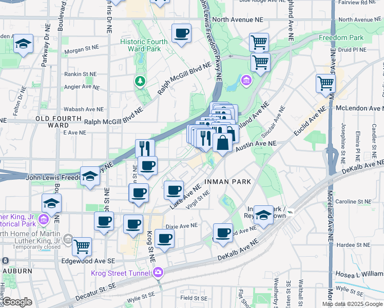map of restaurants, bars, coffee shops, grocery stores, and more near 200 North Highland Avenue Northeast in Atlanta