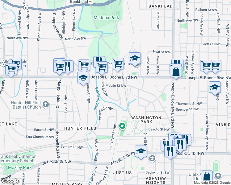map of restaurants, bars, coffee shops, grocery stores, and more near 241 Troy Street Northwest in Atlanta