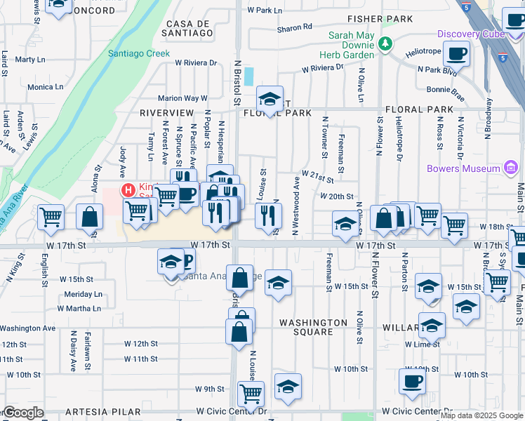 map of restaurants, bars, coffee shops, grocery stores, and more near 1805 North Louise Street in Santa Ana