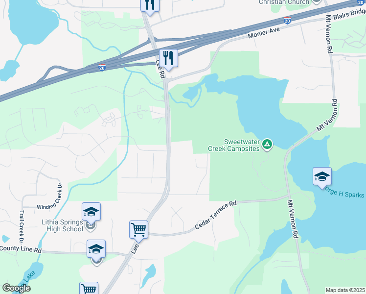 map of restaurants, bars, coffee shops, grocery stores, and more near 1600 Lee Road in Lithia Springs