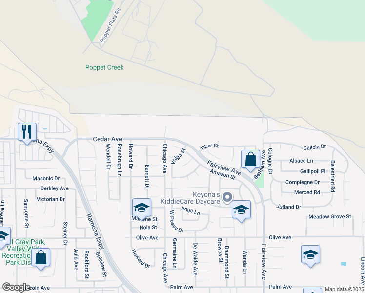 map of restaurants, bars, coffee shops, grocery stores, and more near 43584 Amazon Street in Hemet