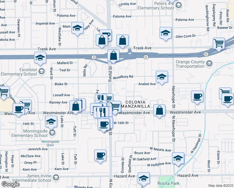 map of restaurants, bars, coffee shops, grocery stores, and more near 11081 Cobblestone Lane in Garden Grove
