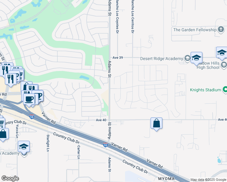 map of restaurants, bars, coffee shops, grocery stores, and more near 39561 Picasso Court in Indio
