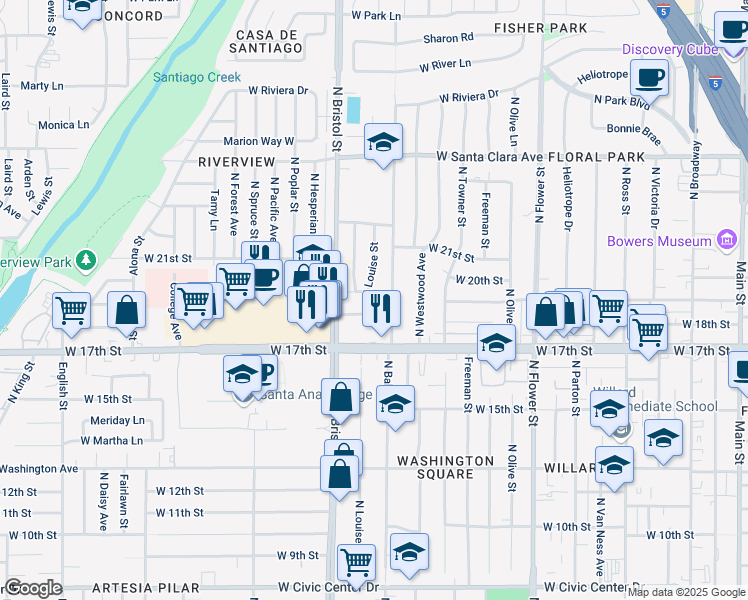 map of restaurants, bars, coffee shops, grocery stores, and more near 1805 North Louise Street in Santa Ana