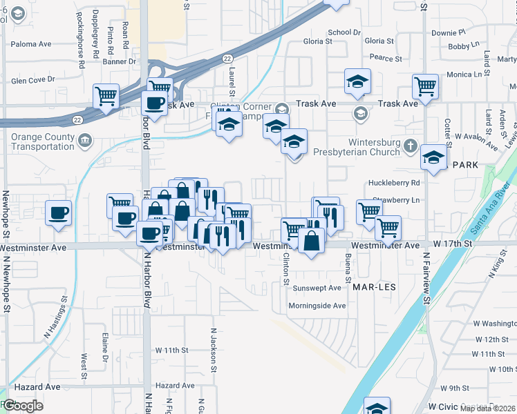 map of restaurants, bars, coffee shops, grocery stores, and more near 13852 Harper Street in Santa Ana