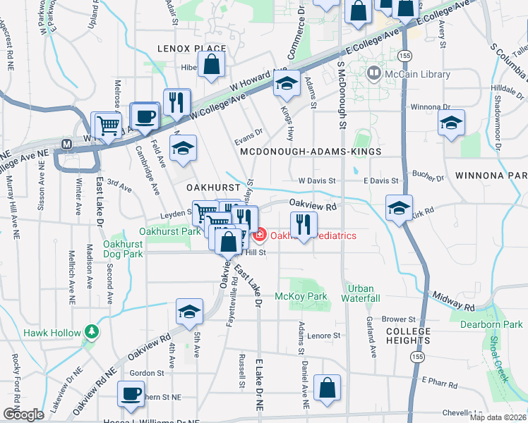 map of restaurants, bars, coffee shops, grocery stores, and more near 735 Oakview Road in Decatur