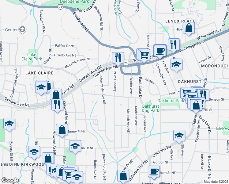 map of restaurants, bars, coffee shops, grocery stores, and more near 304 Sisson Avenue Northeast in Atlanta