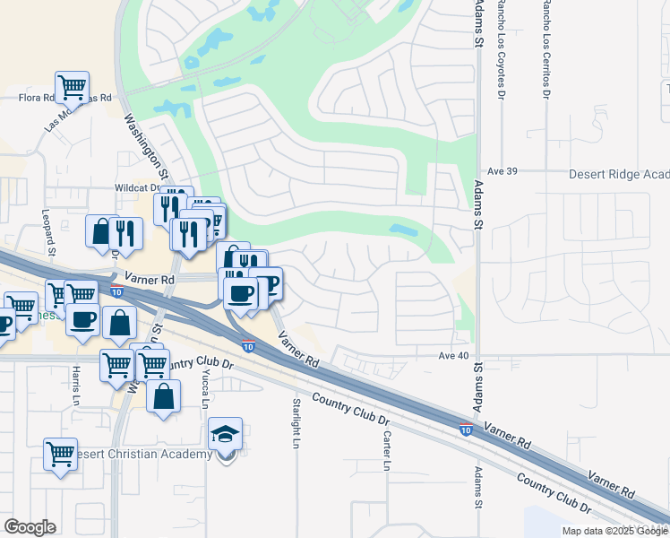 map of restaurants, bars, coffee shops, grocery stores, and more near 39356 Falconwood Court in Palm Desert
