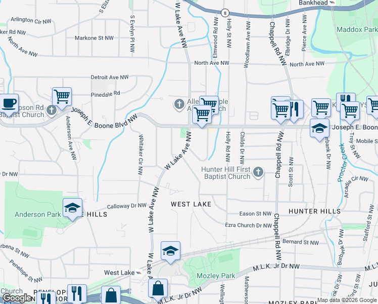 map of restaurants, bars, coffee shops, grocery stores, and more near 263 West Lake Avenue Northwest in Atlanta