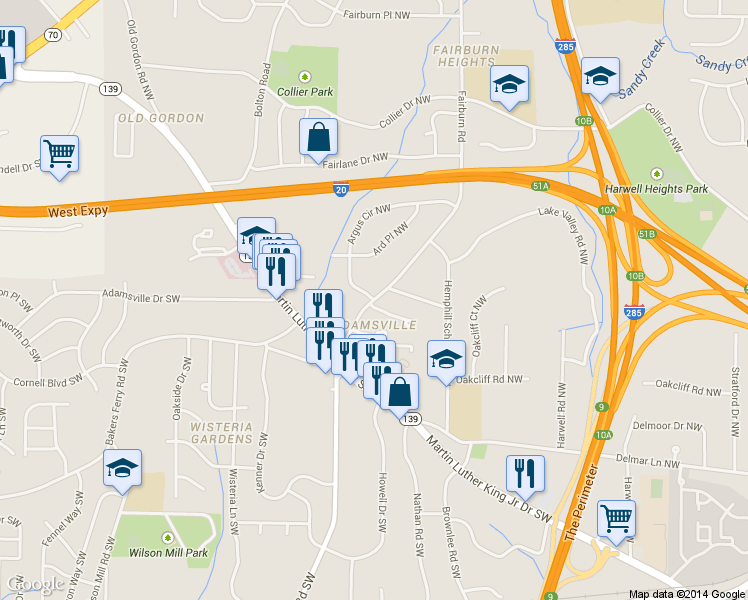 map of restaurants, bars, coffee shops, grocery stores, and more near Fairburn Rd NW & Argus Cir NW in Atlanta
