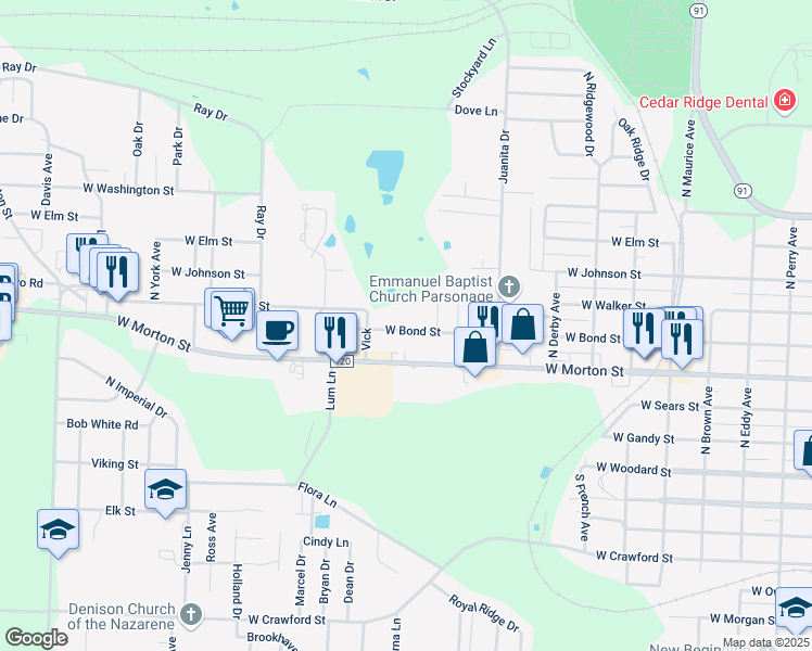 map of restaurants, bars, coffee shops, grocery stores, and more near 2119 West Bond Street in Denison