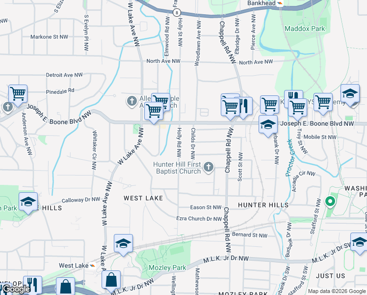 map of restaurants, bars, coffee shops, grocery stores, and more near 246 Holly Road Northwest in Atlanta
