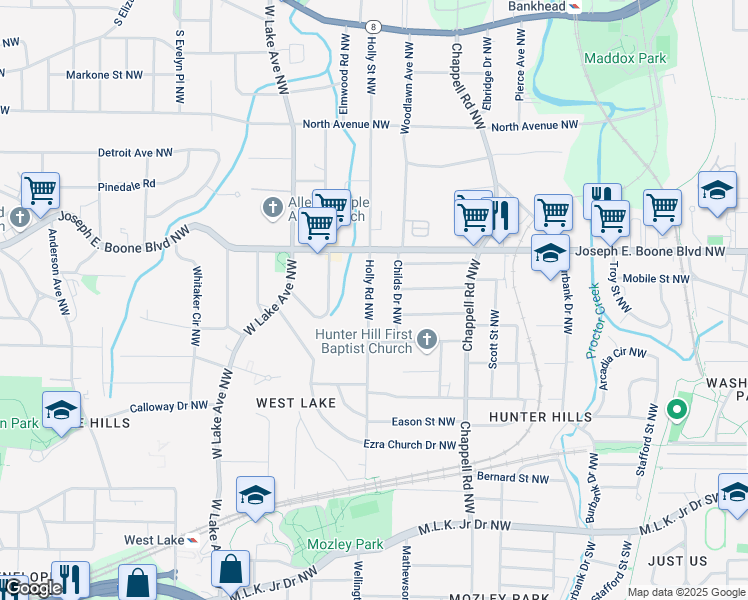 map of restaurants, bars, coffee shops, grocery stores, and more near 235 Holly Road Northwest in Atlanta