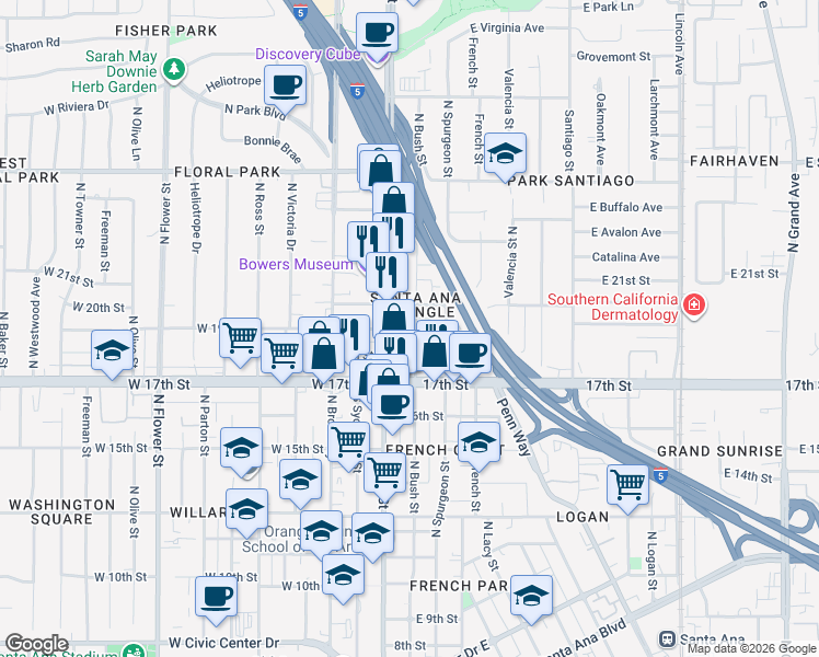 map of restaurants, bars, coffee shops, grocery stores, and more near 1903 North Main Street in Santa Ana