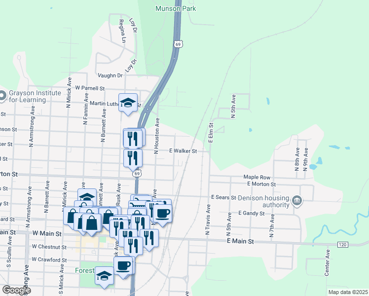 map of restaurants, bars, coffee shops, grocery stores, and more near 217 East Walker Street in Denison