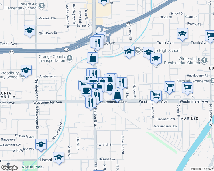 map of restaurants, bars, coffee shops, grocery stores, and more near 12112 Quatro Avenue in Garden Grove