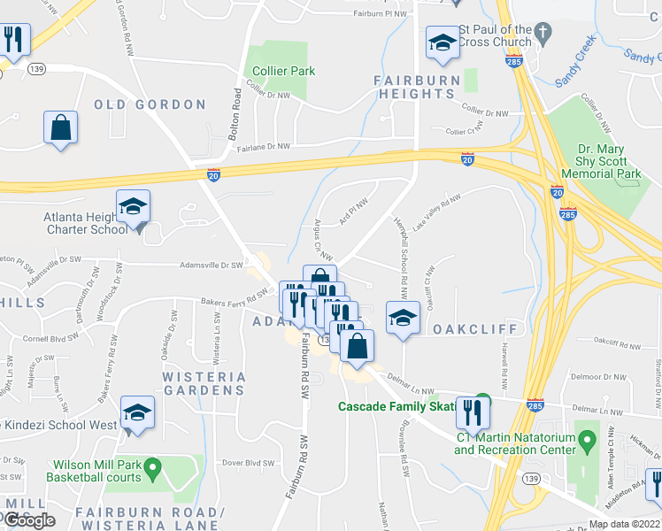 map of restaurants, bars, coffee shops, grocery stores, and more near 246 Fairburn Road Northwest in Atlanta