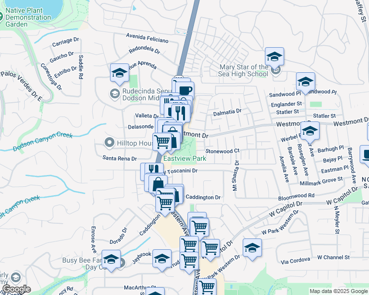 map of restaurants, bars, coffee shops, grocery stores, and more near 1700 Westmont Drive in Rancho Palos Verdes
